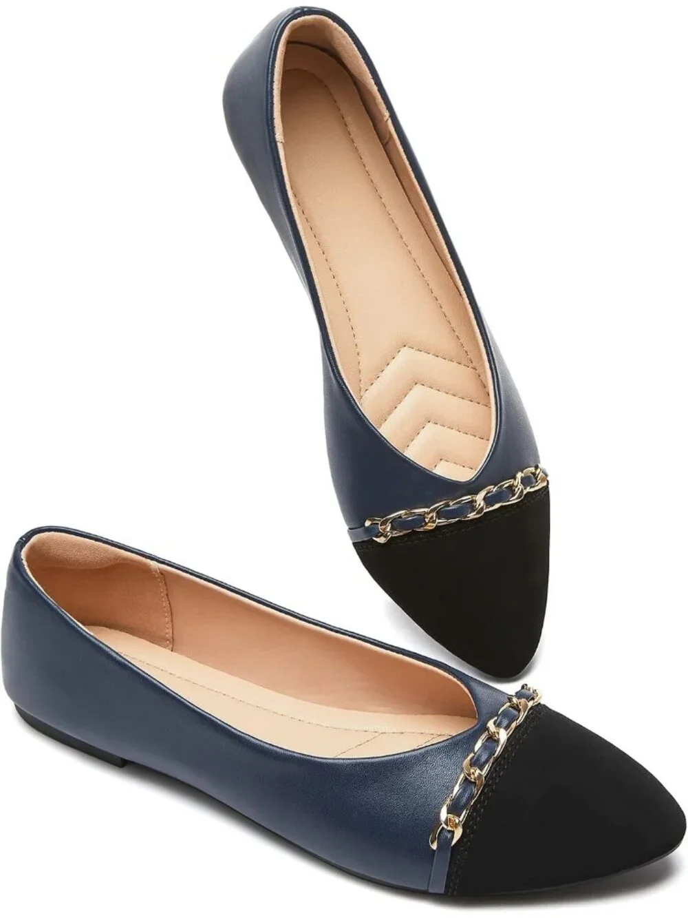 Women's Navy Crimping Faux Suede Ballet Flat Pointed Toe Comfortable Dress Shoes